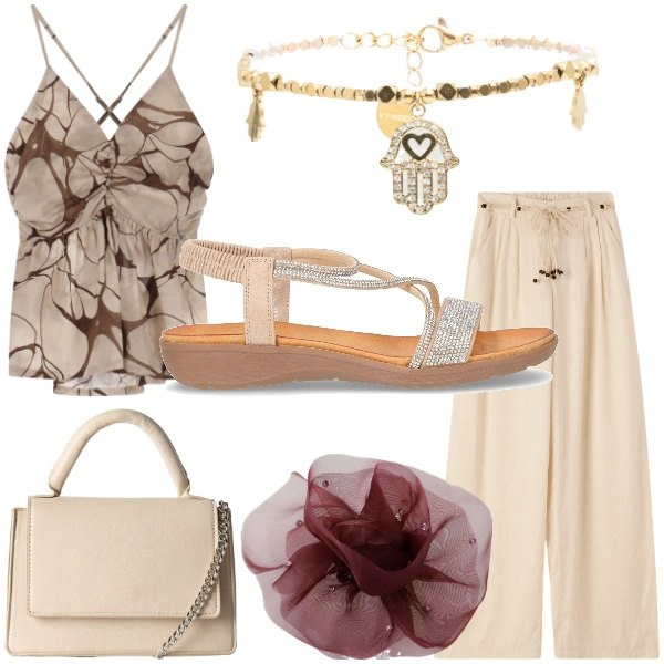 Outfit donna - Sandali estivi. Stile Casual chic per Serata fuori. Abbinamento con borse a tracolla, pantaloni, canottiere, foulard, braccialetti, sandali in pelle.
