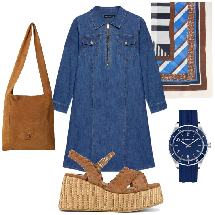 Outfit donna - Total look #2223306. Stile Minimal per Tutti i giorni. Abbinamento con borse a tracolla, orologi, foulard, zeppe, vestiti midi/longuette.