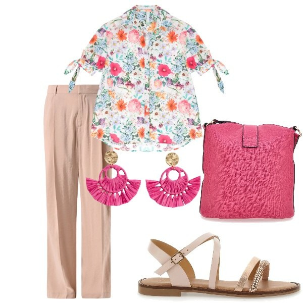 Outfit donna - Di sera ad Agosto. Stile Casual per Tutti i giorni. Abbinamento con orecchini, pantaloni a palazzo, camicie a manica corta, sandali, borse a spalla.