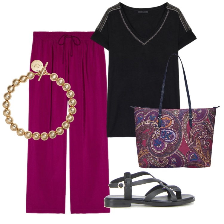 Outfit donna - Al supermercato. Stile Casual per Tutti i giorni. Abbinamento con borse tote, braccialetti, pantaloni, t-shirt, sandali.