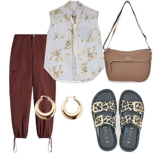Outfit donna - Di sera ad Agosto. Stile Casual per Serata fuori. Abbinamento con orecchini, camicie, pantaloni cargo, ciabatte, borse a tracolla.