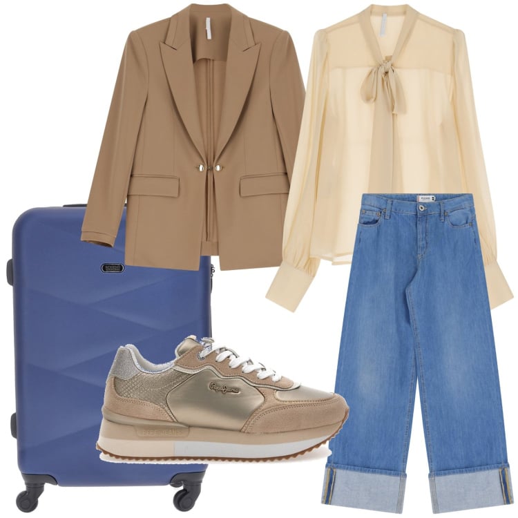 Outfit donna - Viaggio casual chic. Stile Casual chic per Tutti i giorni. Abbinamento con jeans, camicie, blazer, valigie, sneakers.