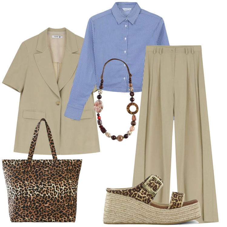 Outfit donna - Total look #2223315. Stile Etnico per Tutti i giorni. Abbinamento con shopping bag, camicie, pantaloni a palazzo, blazer, zeppe, collane.