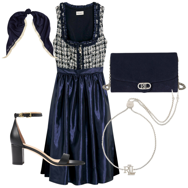 Outfit donna - Blu e argento. Stile Bon Ton per Serata fuori. Abbinamento con vestiti, sandali in pelle, foulard, braccialetti, borse a tracolla.