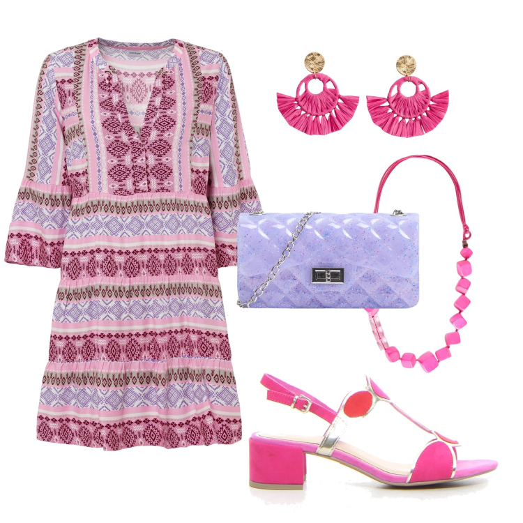 Outfit donna - Passeggiata verso l’aperitivo. Stile Glamour per Serata fuori. Abbinamento con vestiti, orecchini, borse a tracolla, sandali col tacco, collane.