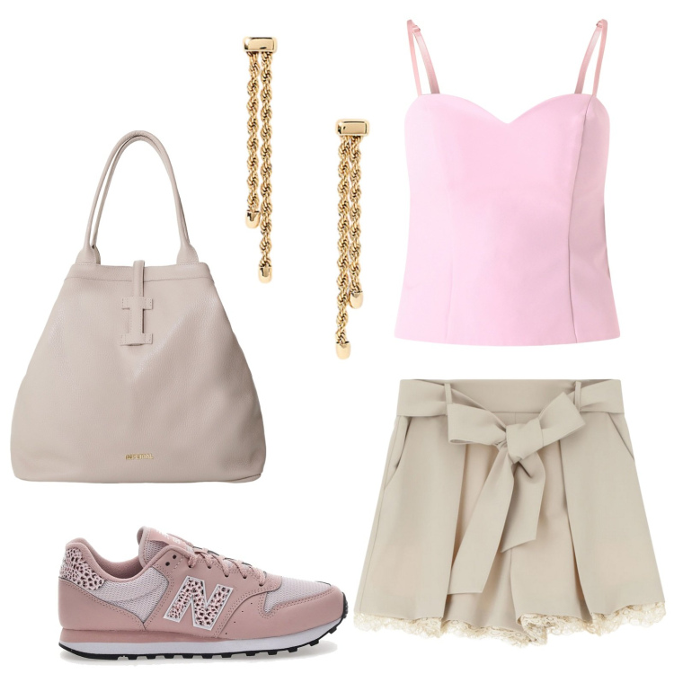 Outfit donna - Top rosa tramonto. Stile Romantica per Tutti i giorni. Abbinamento con canottiere, shorts, borse tote, orecchini, sneakers.