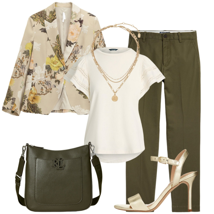 Outfit donna - Total look #2223325. Stile Glamour per Ufficio. Abbinamento con blazer, pantaloni chino, sandali in pelle, ciondoli, t-shirt, borse a tracolla.