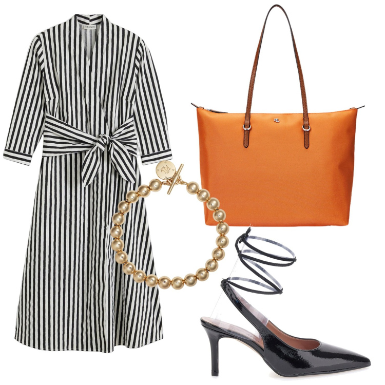 Outfit donna - Righe di stagione. Stile Chic per Ufficio. Abbinamento con vestiti midi/longuette, borse tote, braccialetti, décolleté.