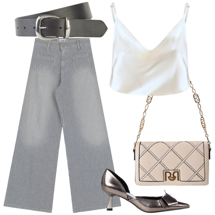 Outfit donna - Il pantalone grigio. Stile Casual chic per Tutti i giorni. Abbinamento con cinture, canottiere, décolleté, borse a tracolla, jeans a zampa.