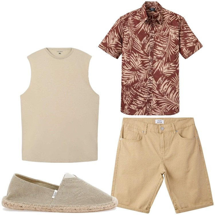 Outfit uomo - Foglie in agosto. Stile Casual per Tutti i giorni. Abbinamento con camicie a manica corta, canottiere, bermuda, espadrillas.