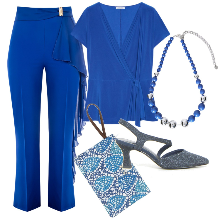 Outfit donna - In blu. Stile Casual per Tutti i giorni. Abbinamento con pantaloni, bluse, collane, pochette, décolleté.