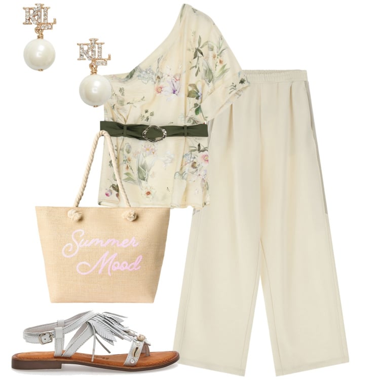 Outfit donna - Total look #2223337. Stile Casual chic per Tutti i giorni. Abbinamento con borse tote, pantaloni, top, orecchini, sandali in pelle.