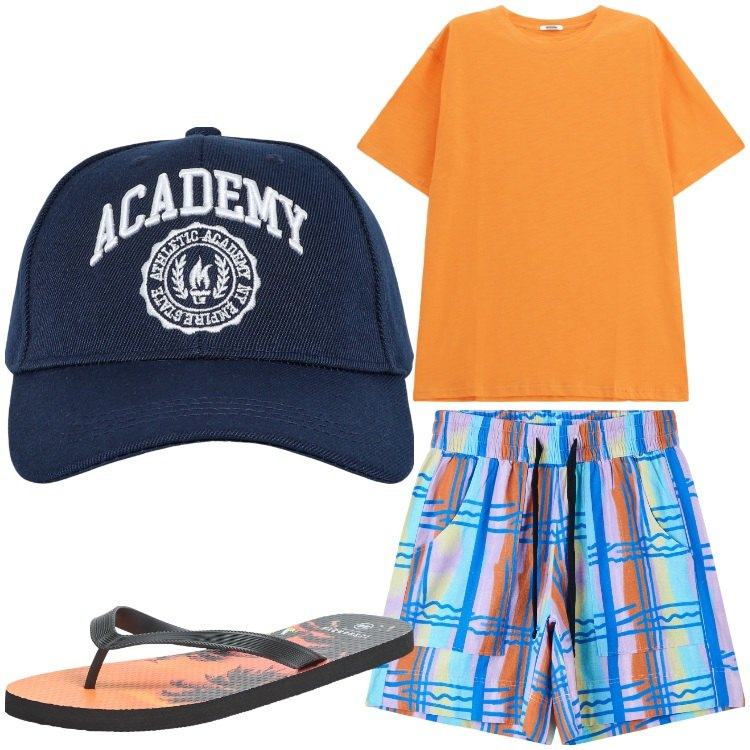 Outfit uomo - Colori in spiaggia. Stile Casual per Tutti i giorni. Abbinamento con sandali, bermuda, cappelli con visiera, t-shirt.