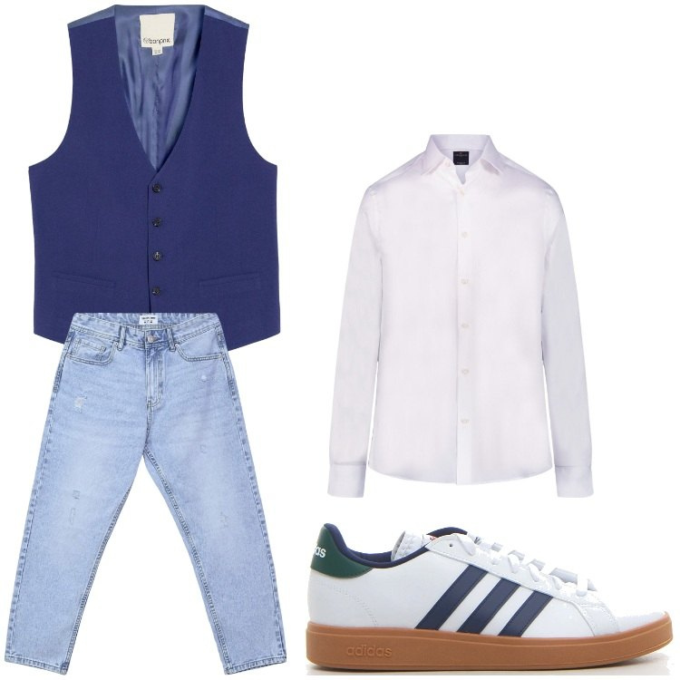 Outfit uomo - Seratina casual. Stile Casual per Serata speciale. Abbinamento con gilet, jeans strappati, camicie, sneakers.