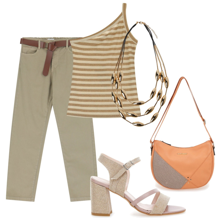 Outfit donna - Il top a righe. Stile Casual per Tutti i giorni. Abbinamento con pantaloni, top, borse a tracolla, sandali col tacco, collane.