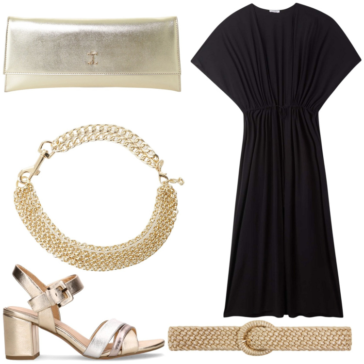 Outfit donna - Nero e oro. Stile Glamour per Mare. Abbinamento con caftani, cinture, pochette, collane, sandali col tacco.