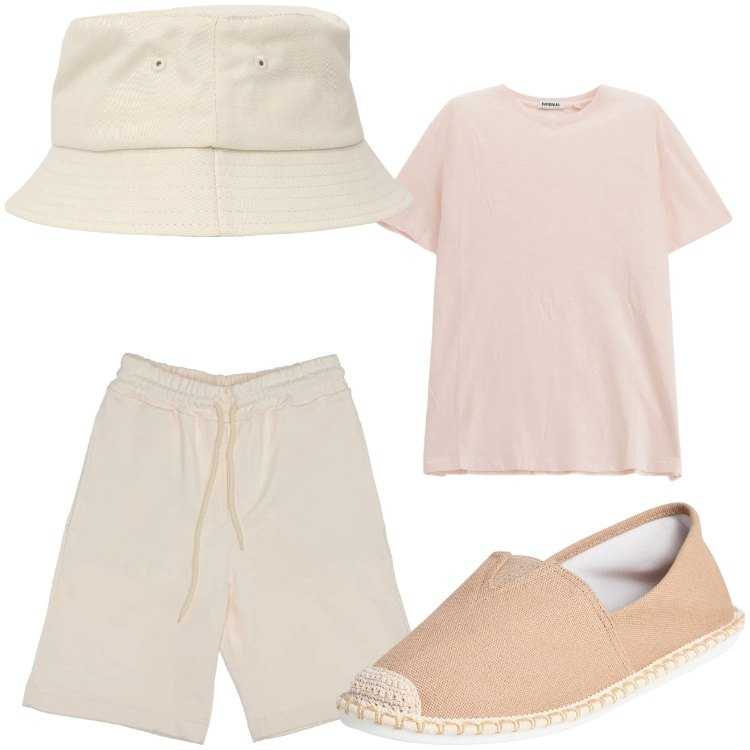 Outfit uomo - Stile in vacanza. Stile Casual per Tutti i giorni. Abbinamento con espadrillas, cappelli, t-shirt, pantaloni corti.