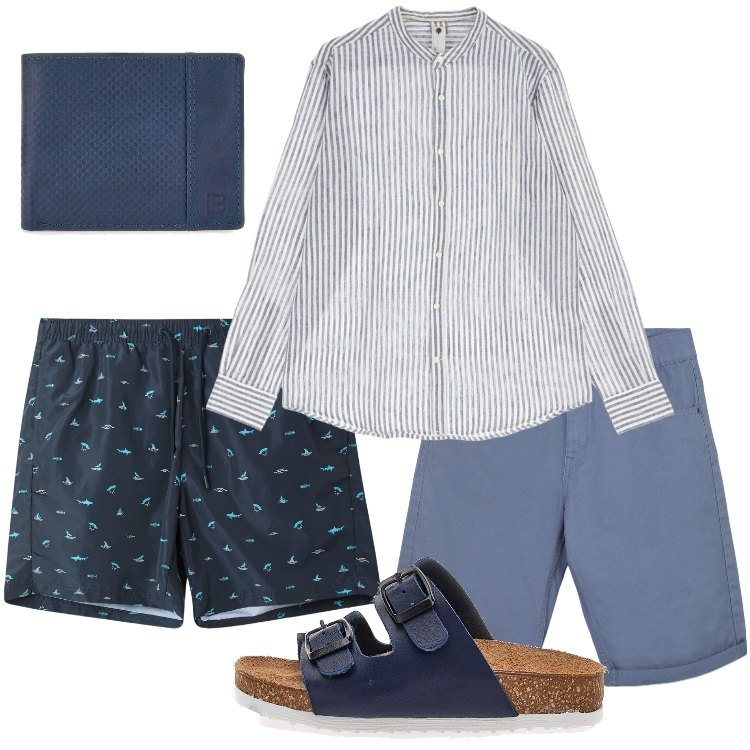 Outfit uomo - Costumi da bagno minimal chic. Stile Trendy per Mare. Abbinamento con bermuda, costumi, camicie, portafogli, sandali.
