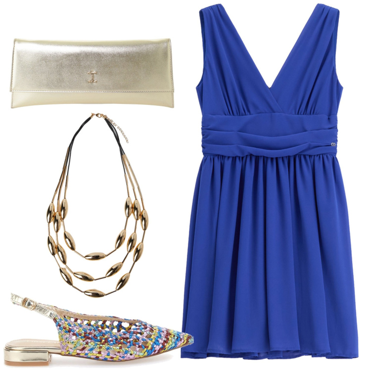 Outfit donna - Il sandalo intrecciato multicolor. Stile Glamour per Serata fuori. Abbinamento con vestiti corti, pochette, ballerine, collane.