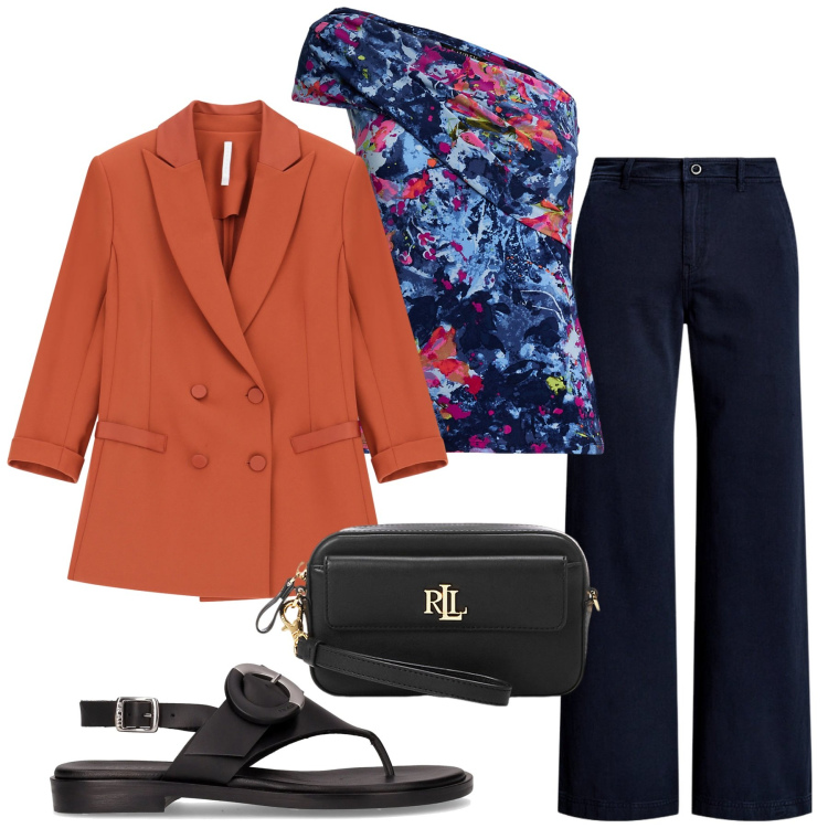 Outfit donna - Total look #2223368. Stile Basic per Serata fuori. Abbinamento con blazer, pantaloni, pochette, top, ciabatte.