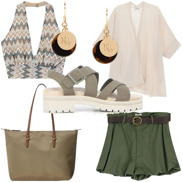 Outfit donna - L\'estate ai tuoi piedi. Stile Sporty chic per Serata fuori. Abbinamento con top, cardigans, shorts, borse tote, orecchini, sandali.