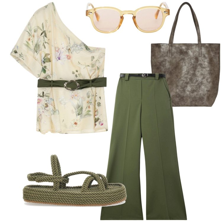 Outfit donna - Total look #2223373. Stile Etnico per Tutti i giorni. Abbinamento con pantaloni, borse tote, top, occhiali da sole, sandali.