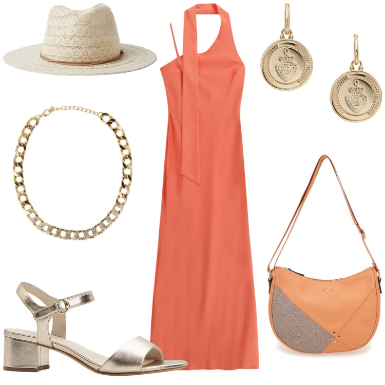 Outfit donna - Total look #2223375. Stile Glamour per Cerimonia. Abbinamento con sandali col tacco, cappelli, collane, vestiti lunghi, orecchini, borse a tracolla.