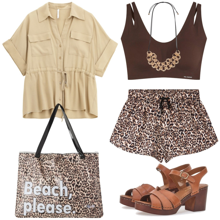 Outfit donna - Animalier. Stile Chic per Mare. Abbinamento con bralette, shorts, borse tote, camicie a manica corta, sandali in pelle, collane.