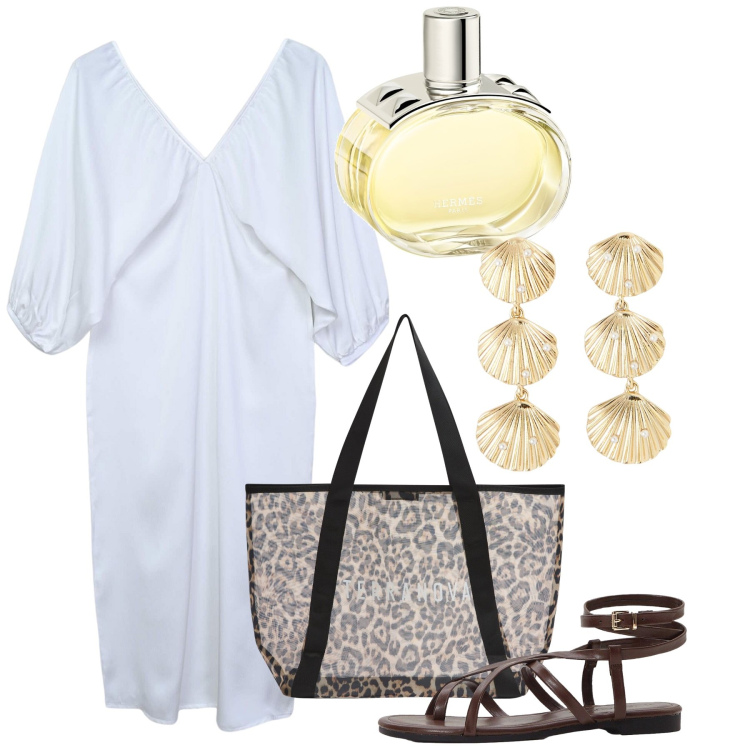 Outfit donna - Shells. Stile Chic per Tutti i giorni. Abbinamento con sandali, profumi, vestiti lunghi, orecchini, shopping bag.