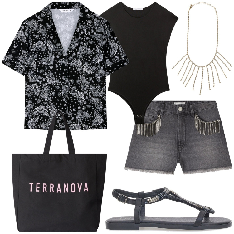 Outfit donna - In vacanza. Stile Casual chic per Tutti i giorni. Abbinamento con shorts, body, borse tote, camicie a manica corta, collane, sandali gioiello.