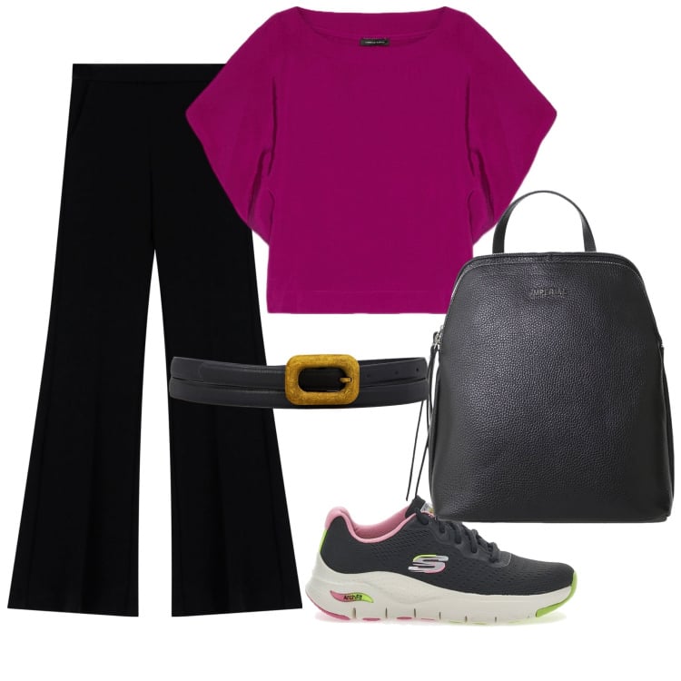 Outfit donna - Un bel outfit. Stile Casual per Tutti i giorni. Abbinamento con zaini, pantaloni, bluse, sneakers, cinture.
