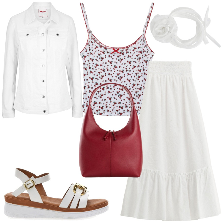 Outfit donna - A cena con gli amici. Stile Boho per Serata fuori. Abbinamento con blazer, shopping bag, canottiere, collane, gonne lunghe, sandali.
