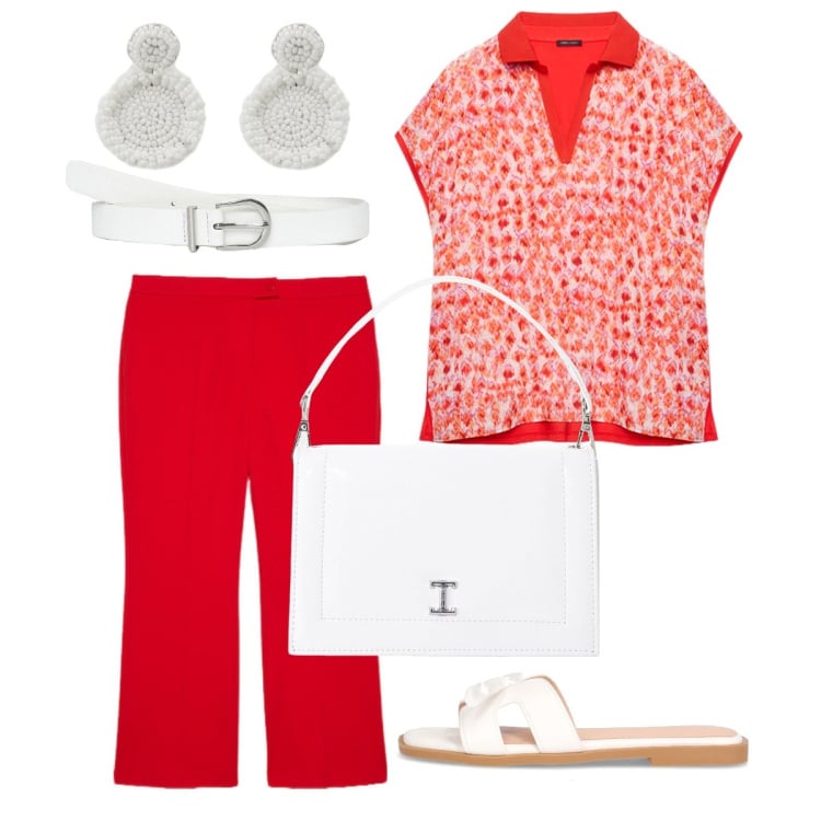 Outfit donna - Rosso & Bianco in coordinato. Stile Bon Ton per Tutti i giorni. Abbinamento con cinture, borse a tracolla, orecchini, pantaloni, bluse, ciabatte.