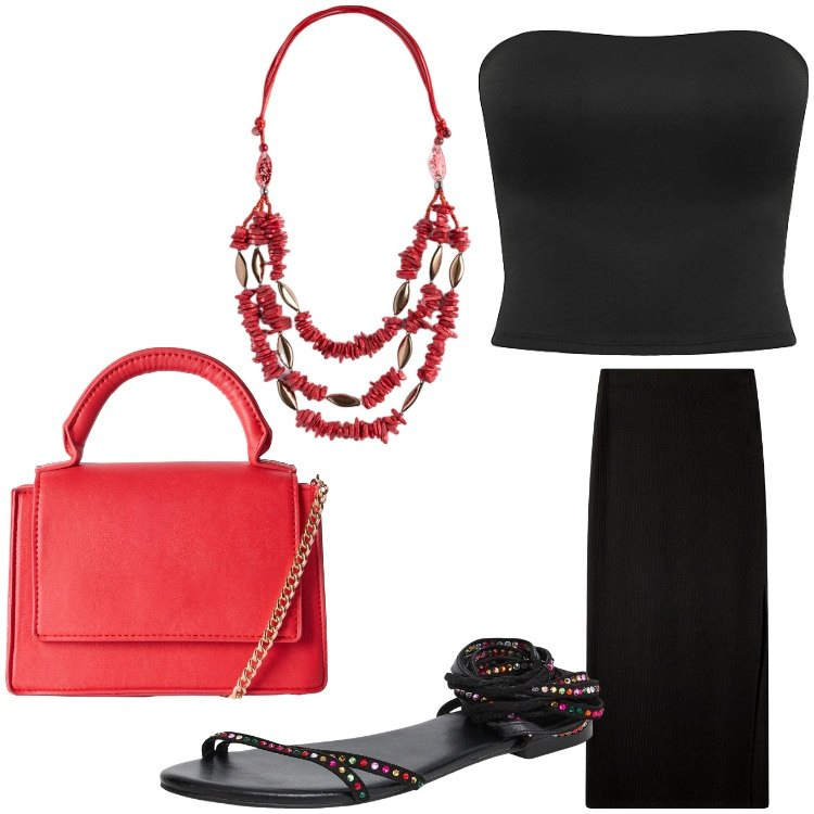 Outfit donna - Usciamo stasera. Stile Chic per Serata fuori. Abbinamento con gonne lunghe, sandali alla schiava, borse a tracolla, top, collane.