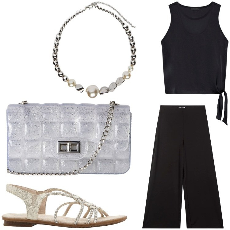 Outfit donna - Argento. Stile Chic per Serata fuori. Abbinamento con sandali, borse a tracolla, pantaloni culotte, top, collane.