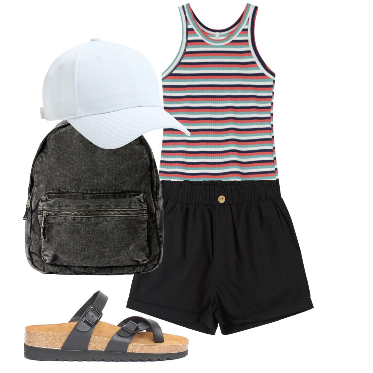 Outfit donna - Estate in shorts. Stile Basic per Tutti i giorni. Abbinamento con cappelli, pantaloni corti, zaini, top, ciabatte.