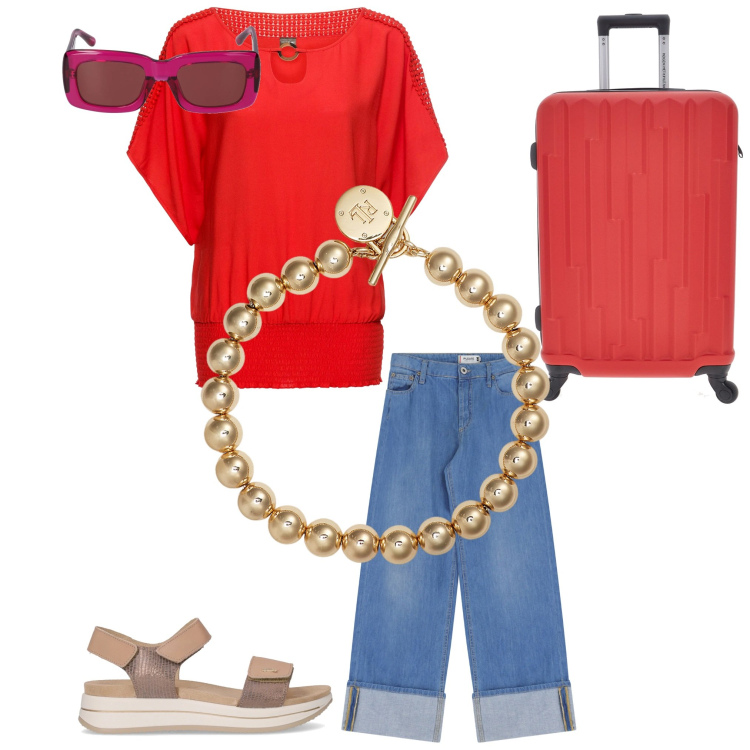 Outfit donna - Total look #2223409. Abbinamento con bluse, jeans, braccialetti, valigie, occhiali da sole, sandali.