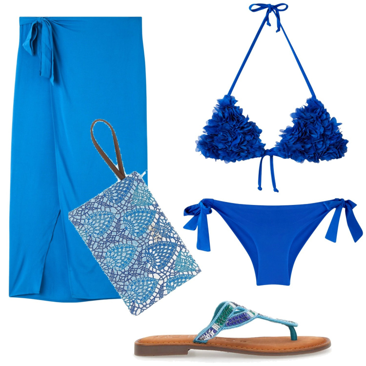 Outfit donna - Azzurro come il mare. Stile Glamour per Mare. Abbinamento con bikini, vestiti da spiaggia, bikini, infradito, pochette.