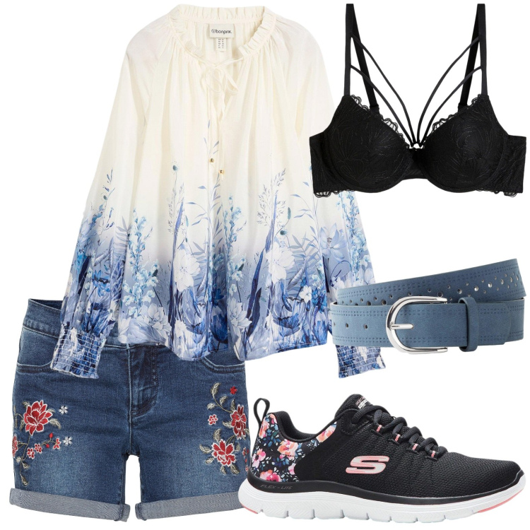 Outfit donna - A fiori. Stile 70s per Tutti i giorni. Abbinamento con bluse, shorts, slip, cinture, sneakers.