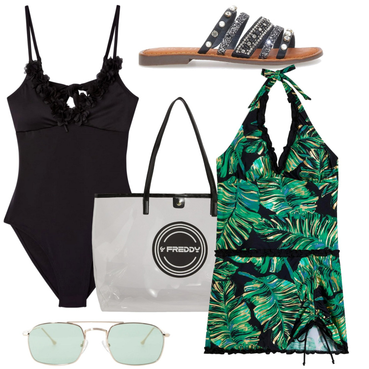 Outfit donna - Vamos a la playa!. Stile Trendy per Mare. Abbinamento con vestiti da spiaggia, costumi interi, occhiali da sole, shopping bag, ciabatte.