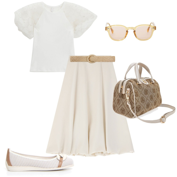 Outfit donna - Total look #2223437. Stile Romantica per Tutti i giorni. Abbinamento con cinture, gonne longuette, occhiali da sole, top, ballerine, borse a mano.