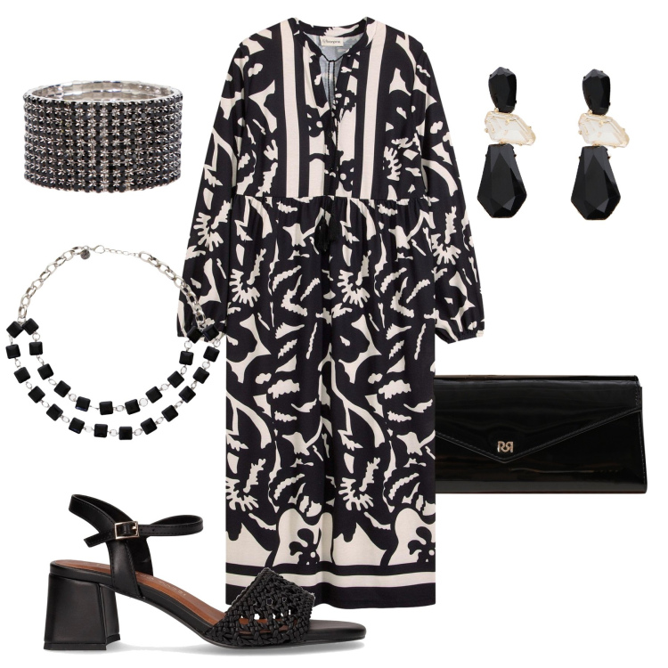 Outfit donna - Serata Black & White. Stile Glamour per Serata fuori. Abbinamento con vestiti, pochette, collane, orecchini, braccialetti, sandali col tacco.