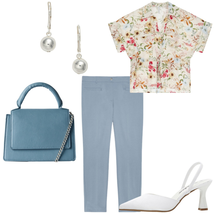 Outfit donna - Total look #2223454. Stile Bon Ton per Ufficio. Abbinamento con décolleté, borse a tracolla, camicie a manica corta, orecchini, pantaloni chino.