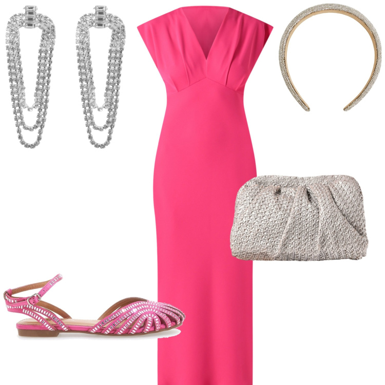 Outfit donna - Cena in riva al mare. Stile Chic per Serata fuori. Abbinamento con orecchini, cerchietti, clutch, vestiti midi/longuette, sandali gioiello.
