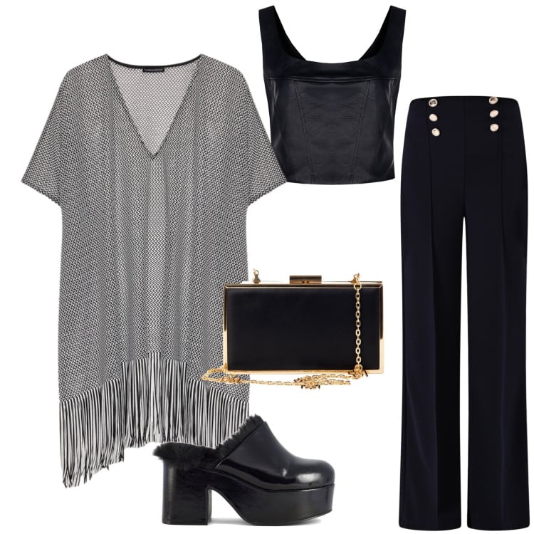 Outfit donna - Caftano per le sere d\'agosto. Stile Casual chic per Serata fuori. Abbinamento con pochette, pantaloni, top, caftani, sabot.