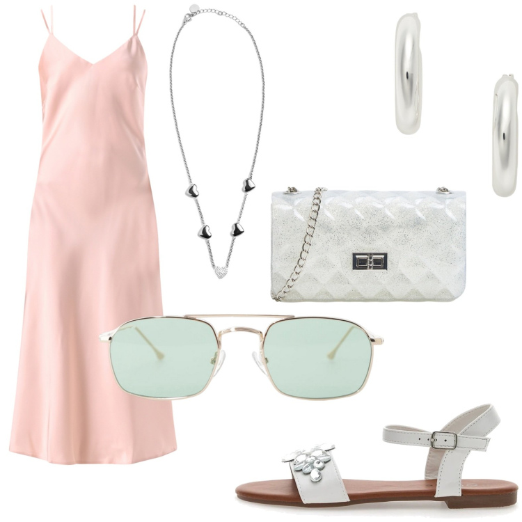 Outfit donna - Bianco e rosa. Stile Romantica per Serata fuori. Abbinamento con borse a tracolla, vestiti lunghi, occhiali da sole, collane, orecchini, sandali gioiello.