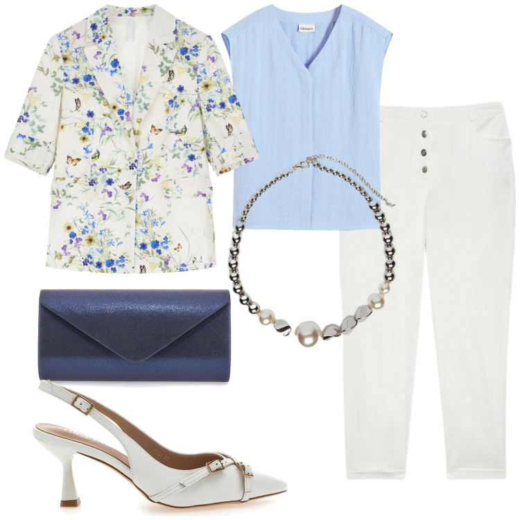 Outfit donna - Total look #2223461. Stile Casual per Serata fuori. Abbinamento con top, blazer, décolleté, pantaloni, borse a tracolla, collane.