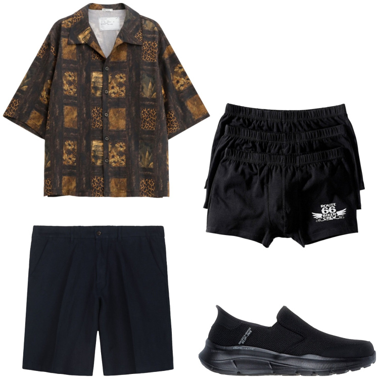 Outfit uomo - Camicia hawaiana. Stile Trendy per Tutti i giorni. Abbinamento con boxer, camicie a manica corta, bermuda, sneakers.