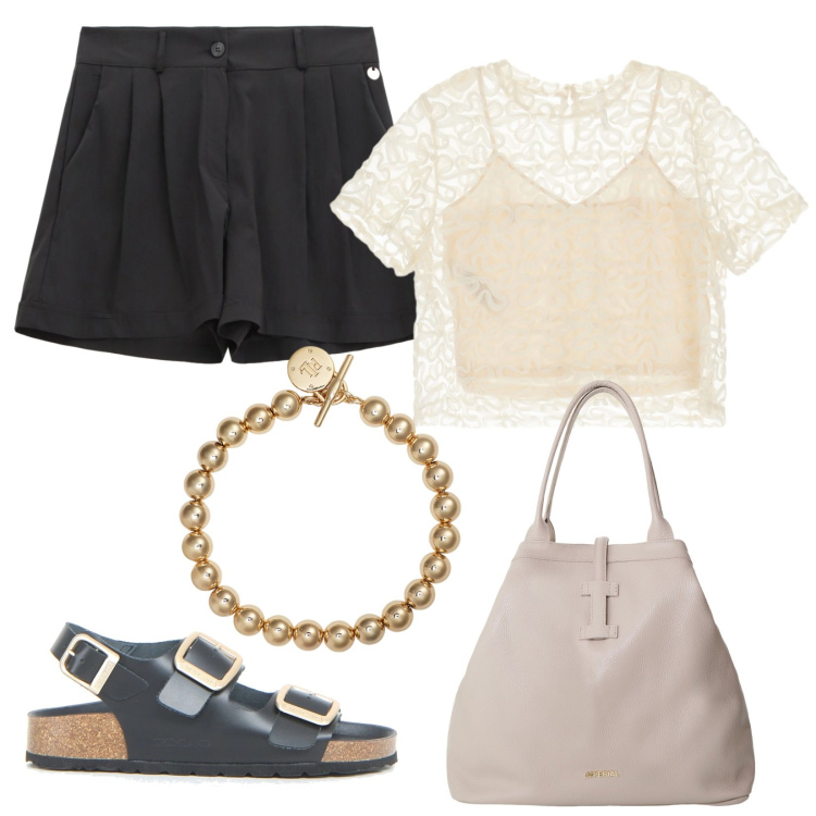 Outfit donna - Sandali estivi. Stile Casual per Tutti i giorni. Abbinamento con bluse, borse tote, shorts, braccialetti, sandali.