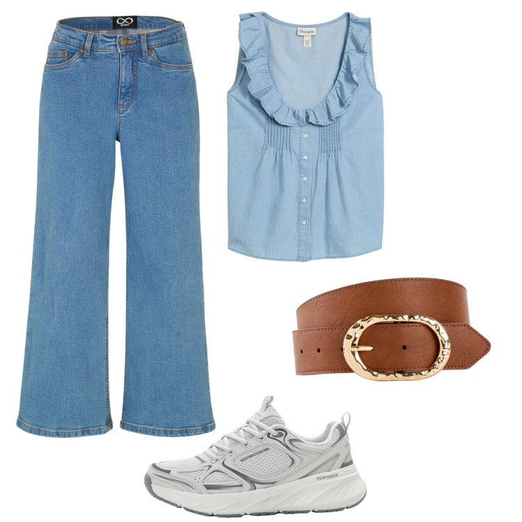 Outfit donna - Denim vintage. Stile Vintage retrò per Tutti i giorni. Abbinamento con top, sneakers, jeans, cinture.